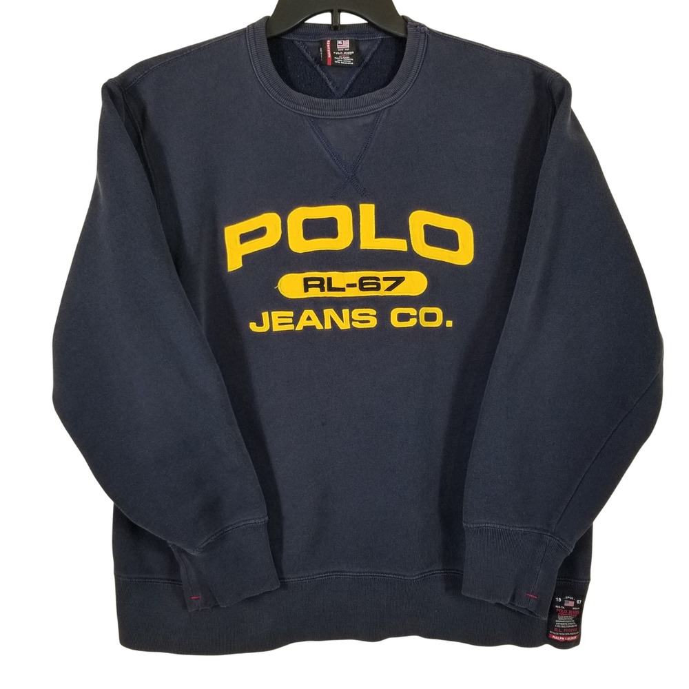 Polo Jeans Co Ralph Lauren Mens Large Navy Blue RL-67 Fleece Sweatshirt Crewneck